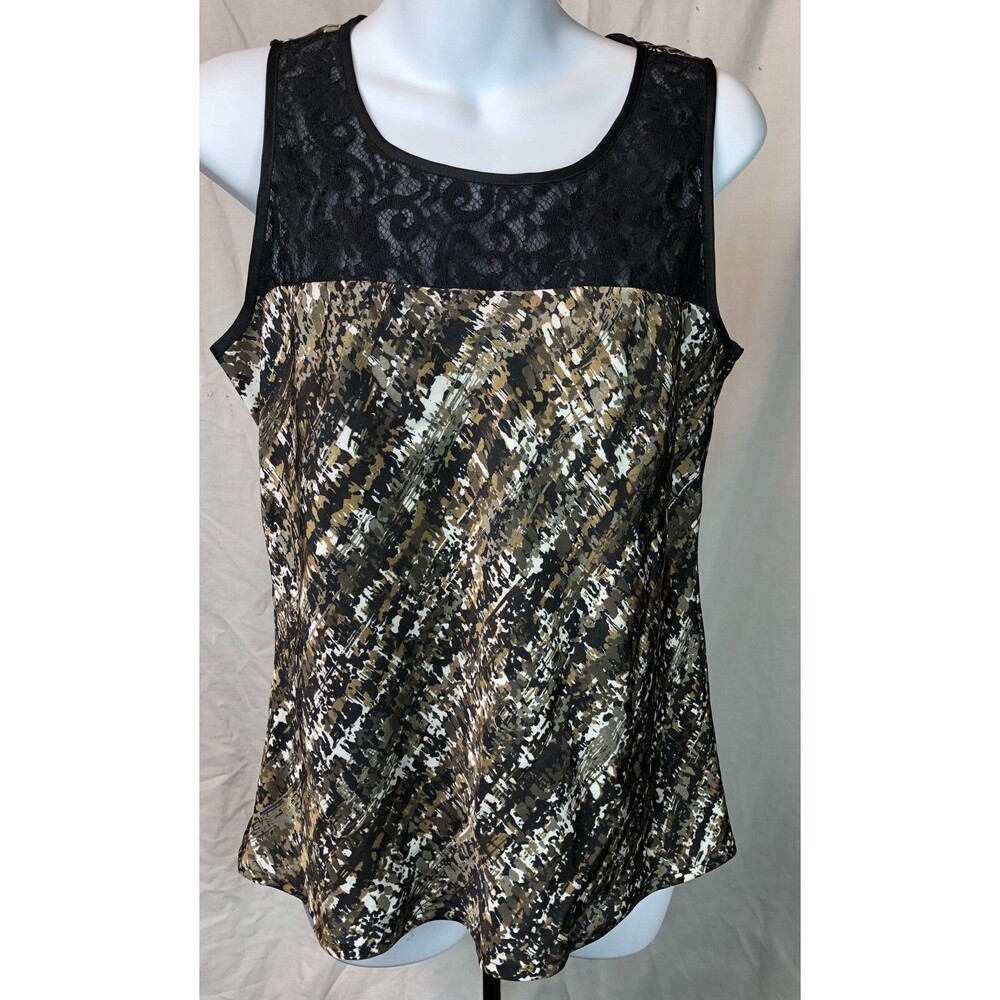 Vintage Satin Sleeveless Tank Top M Brown/blk Geo Lace Neck Y2K 90s Artsy Glam